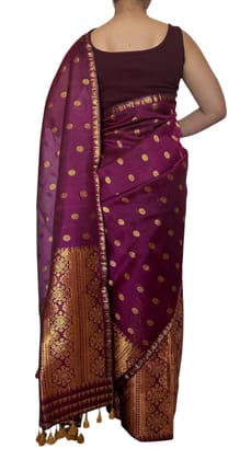 Exquisite Assamese Mekhala Sadar - Mulberry Silk Saree with Golden Jari Work, Magenta Color, Includes Matching Blouse, Ideal for Festive Occasions and Cultural Events, Luxurious Texture and Elegant Drape