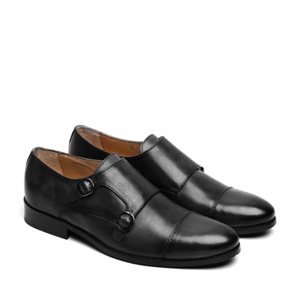 Double Monk Black Genuine Leather Formal Shoes-40/6