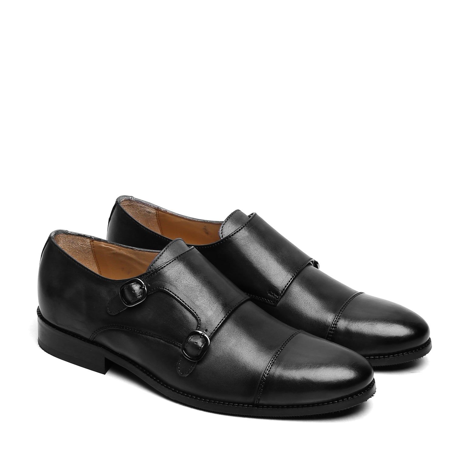 Double Monk Black Genuine Leather Formal Shoes-40/6
