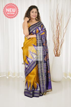 Temple Border Khandua Ikkat Silk Saree - Mustard Gold