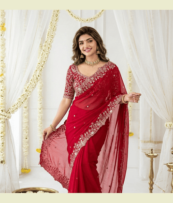 Rangtulika Ethnics Georgette Embroidered Regular Saree With Unstitched Blouse Piece ( Pink )