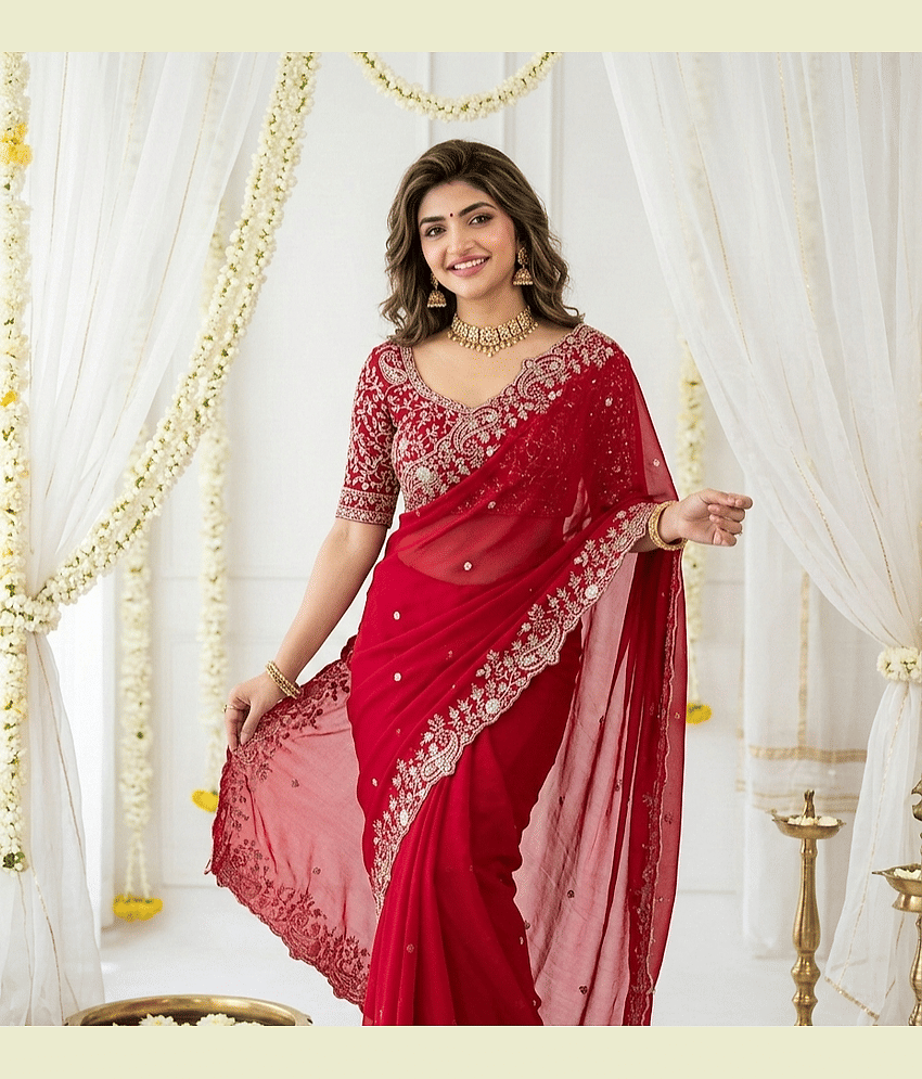 Rangtulika Ethnics Georgette Embroidered Regular Saree With Unstitched Blouse Piece ( Pink )