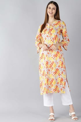 Women Grey & Mustard Yellow Screen Floral Printed Straight Kurta VCK1639