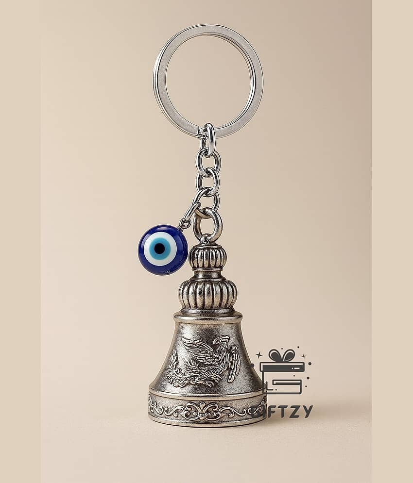 Guardian Bell Keychain with Evil Eye Silver Finish Protection Bell, Lucky Spiritual Ghanti Keyring for Riders, Bike Keychain for Men & Women, Car Keys, Home Keys & Gifting Accessory
