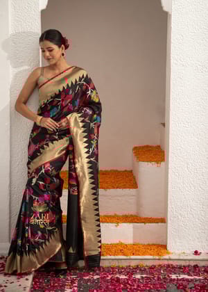 Valley of Spring: Banarasi Tissue Saree with French Floral Jangla and Zari Border in The Shade of Black