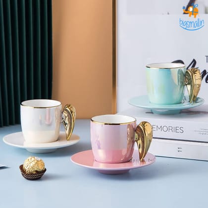 3D Angel Wings Mug with Saucer-Pink