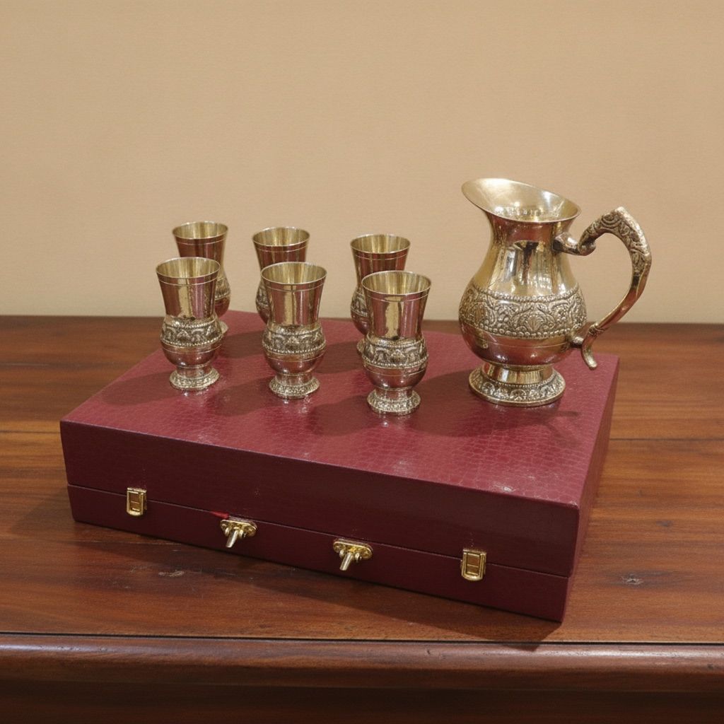 Brass 6 Glass Set with Jug | Brass Water Set | Brass Drinking Glass Gift Set in Royal Gift Box, Height : 8 Inch (BMAS315 A)
