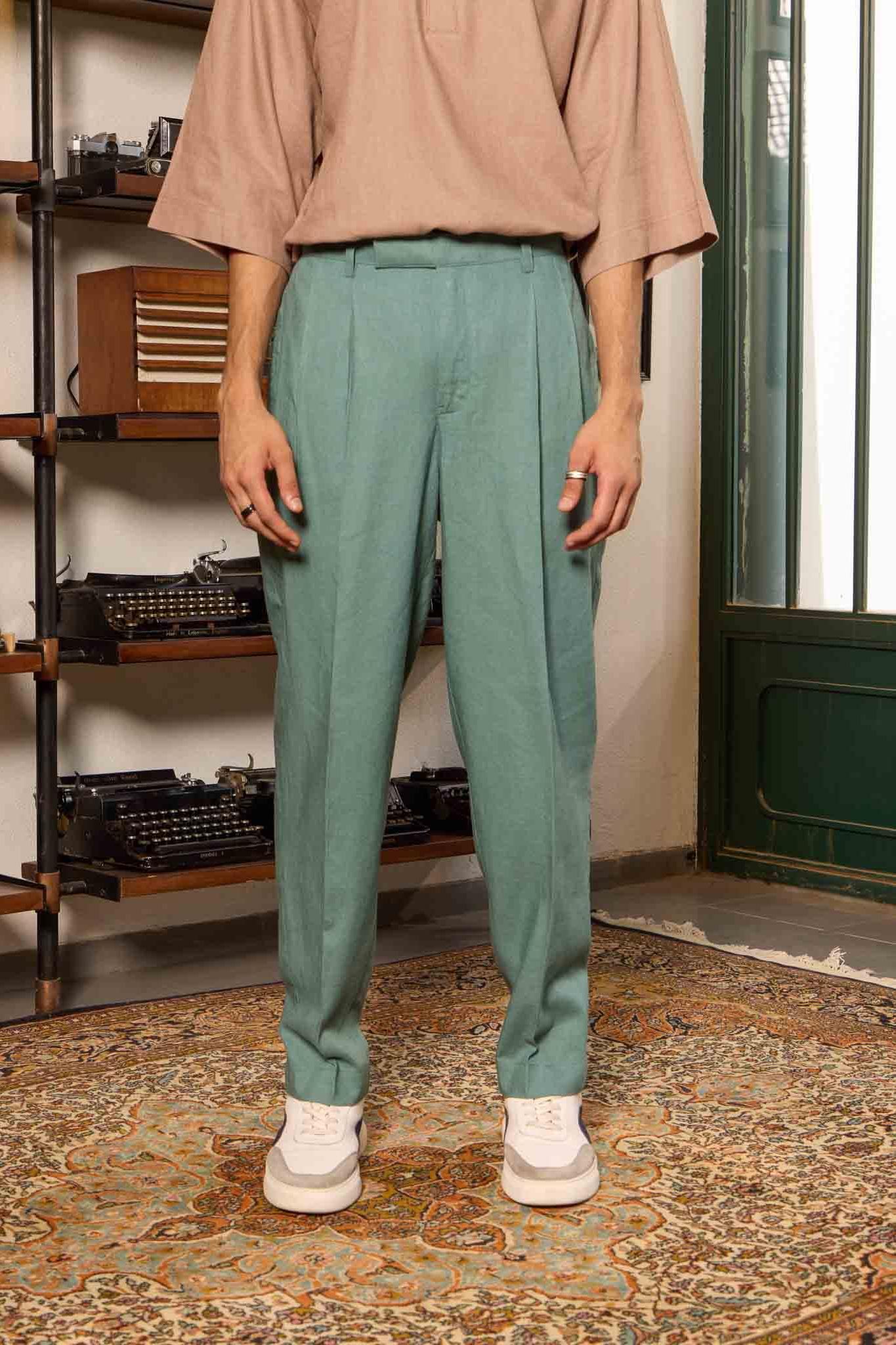 Pleated Linen Trousers - Forest-XS