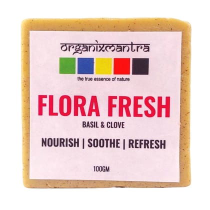Organix Mantra Flora Fresh Natural Bath Soap Infused With Basil & Clove|Hydrating Coconut, Nourishing Almond & Jojoba Oils, Gentle Goat Milk| Gentle Cleansing for All Skin Types| For Radiant Skin - 100g
