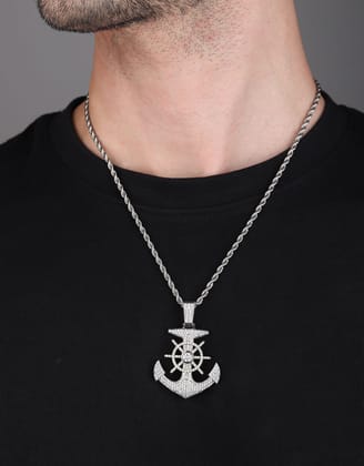 Anchor Iced Out Pendant-With Rope Chain 2.5mm / Silver