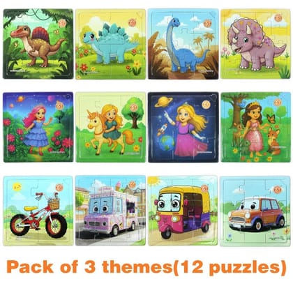 Butterfly Edufields 12-in-1 Jigsaw Puzzle Combo for Kids – Vehicles, Dinosaurs & Princess Unicorn Themes (Ages 3–7)