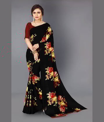 ANAND SAREES Georgette Printed Saree With Unstitched Blouse Piece ( Black )