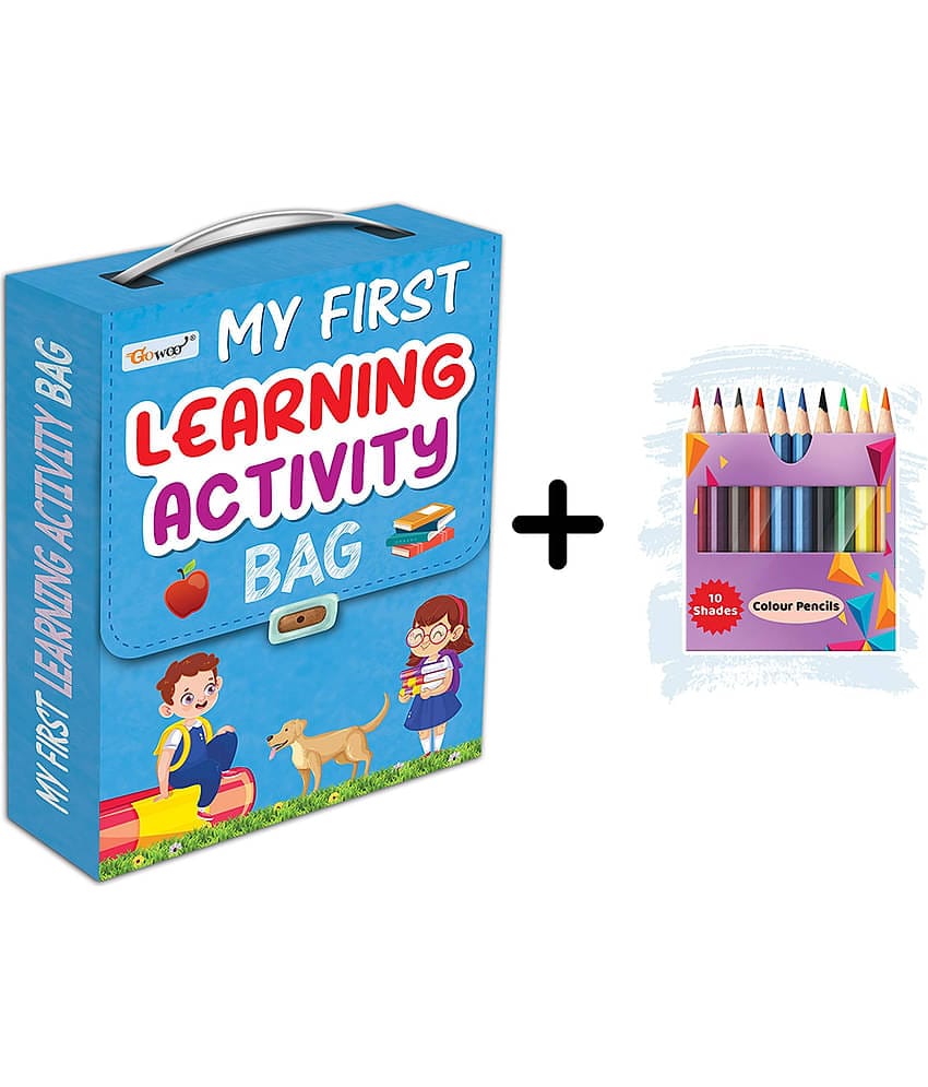 My first learning Activity bag and 10 COLOUR PENCILS : Kids activity book, Activity Bag for early learners, Mazes,Small Letters,Capital Letter & more- Combo of Learning bag with 10 free colour pencils