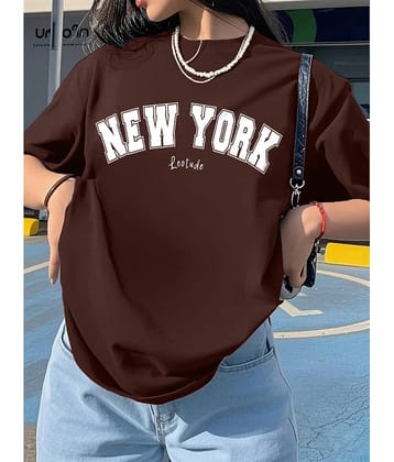 Leotude Women Cotton Blend Printed Oversized Fit Round Neck T-Shirt ( Brown )