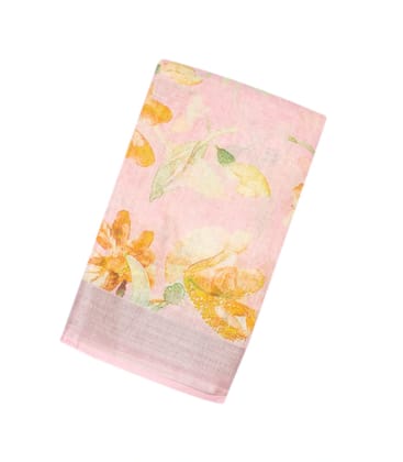 Bubblegum Pink Handloom Linen Saree With Printed Motifs-Bubblegum Pink
