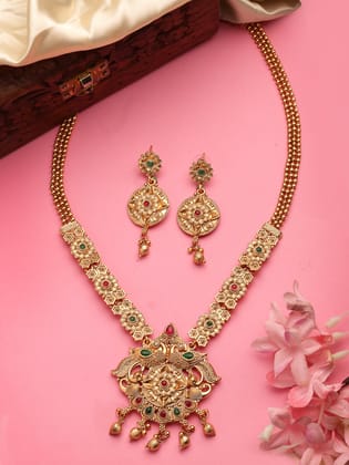 NVR Women's Gold-plated Pink & Green Stone-Studded Peacock Design Temple Jewellery Set-Onesize / Gold / Brass