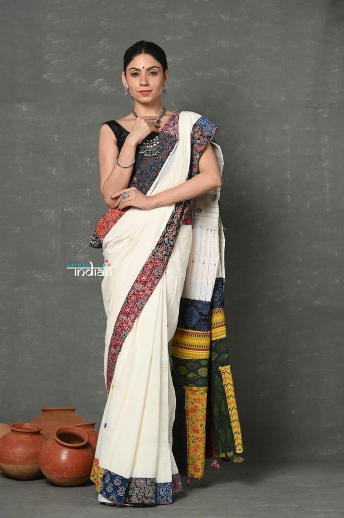 Tyohaar ~ High Quality Mul Cotton Saree with Hand Mirror & Patch Work ~ White - Sarees | Buy online on ZillyBuy