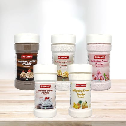 Puramio Whipping Cream Powder Vanilla, Chocolate, Pineapple, Strawberry And Butterscotch, 125 gm Each - Pack of 5