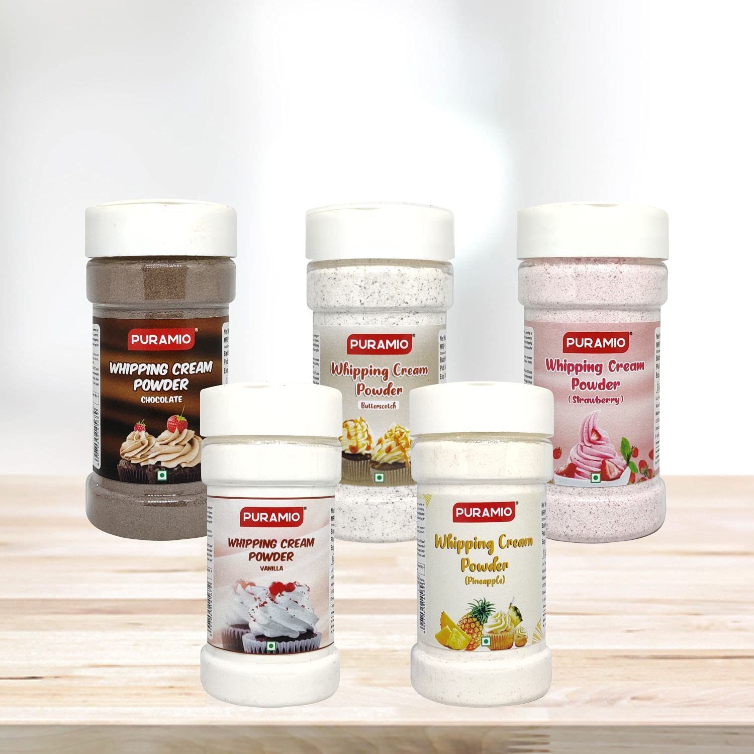 Puramio Whipping Cream Powder Vanilla, Chocolate, Pineapple, Strawberry And Butterscotch, 125 gm Each - Pack of 5