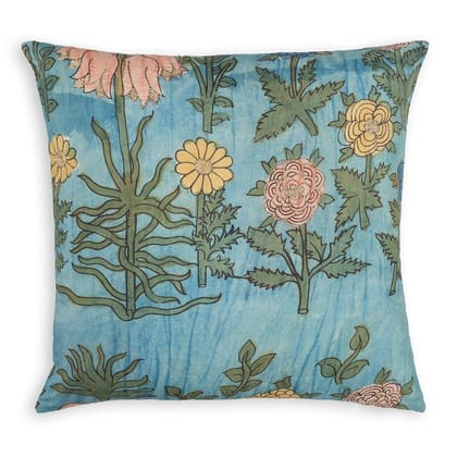Handpainted Embroidered Kalamkari Cushion Cover - 18x18-18 Inches x 18 Inches / 46 Cms x 46 Cms / Cotton Silk / Blue, Green, Mustard, Pink