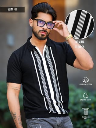 OldMoney Stripe Black Polo Half Sleeve T-Shirt-S