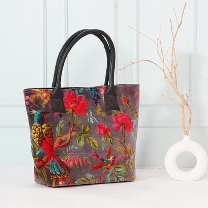 Birds of Paradise Velvet Hand Bag- Grey