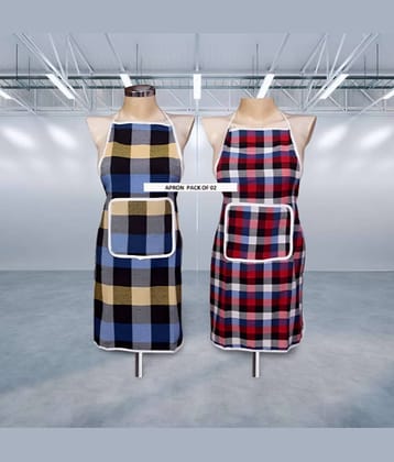 CreadCraft Cotton Checks Kitchen Apron with 1 Center Pocket ( Pack of 2 )