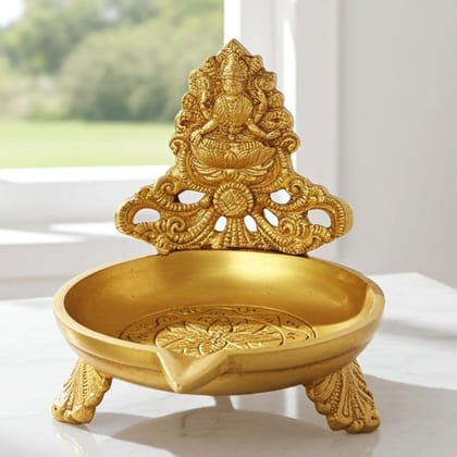 Brass Table Decor Laxmi Oil Lamp Deepak  - Handcrafted Brass Diya for Wealth & Prosperity, Height : 4 Inch (BSMAS1160 L)