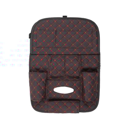 7D PREMIUM Car Seat Organizer | PU Leather with Folding Meal Tray and 10 Pockets - Tissues, Bottles, Phones, iPad Mini, Documents, Umbrella-Black Red