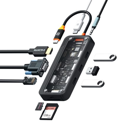 Portronics Mport View Three 10-in-1 Docking Station, Type-C Plug, Type-C PD, HDMI, Ethernet, VGA, USB 3.0, USB 2.0, SD & Micro SD, Audio, Transparent Case