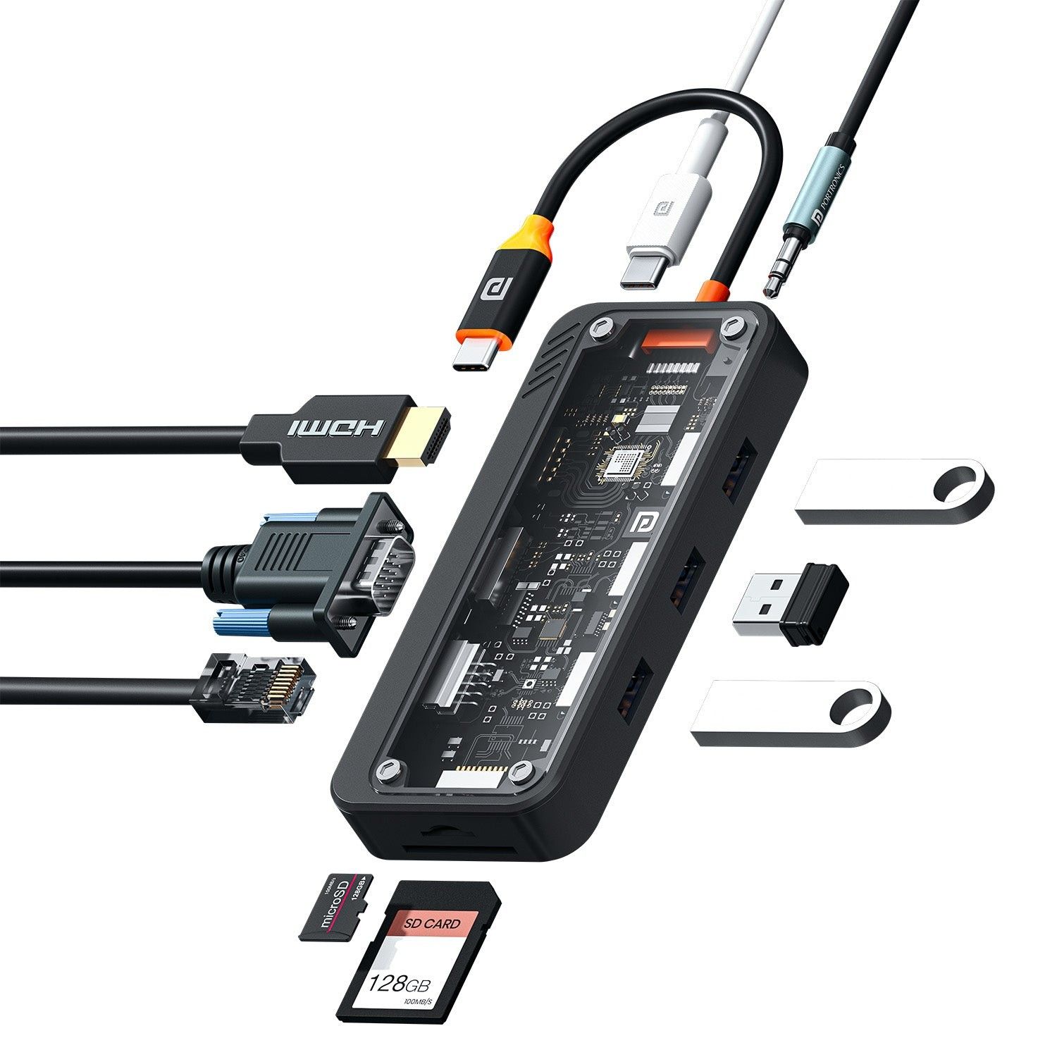 Portronics Mport View Three 10-in-1 Docking Station, Type-C Plug, Type-C PD, HDMI, Ethernet, VGA, USB 3.0, USB 2.0, SD & Micro SD, Audio, Transparent Case