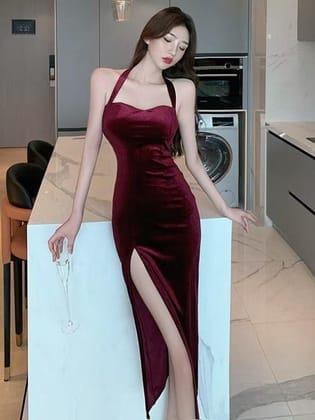 Halterneck Sweetheart Neck Velvet Slit Midi Dress-Burgundy / M