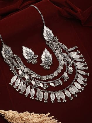 Oxidised Siver Toned Tribal Triple Layered Necklace Jewellery Set