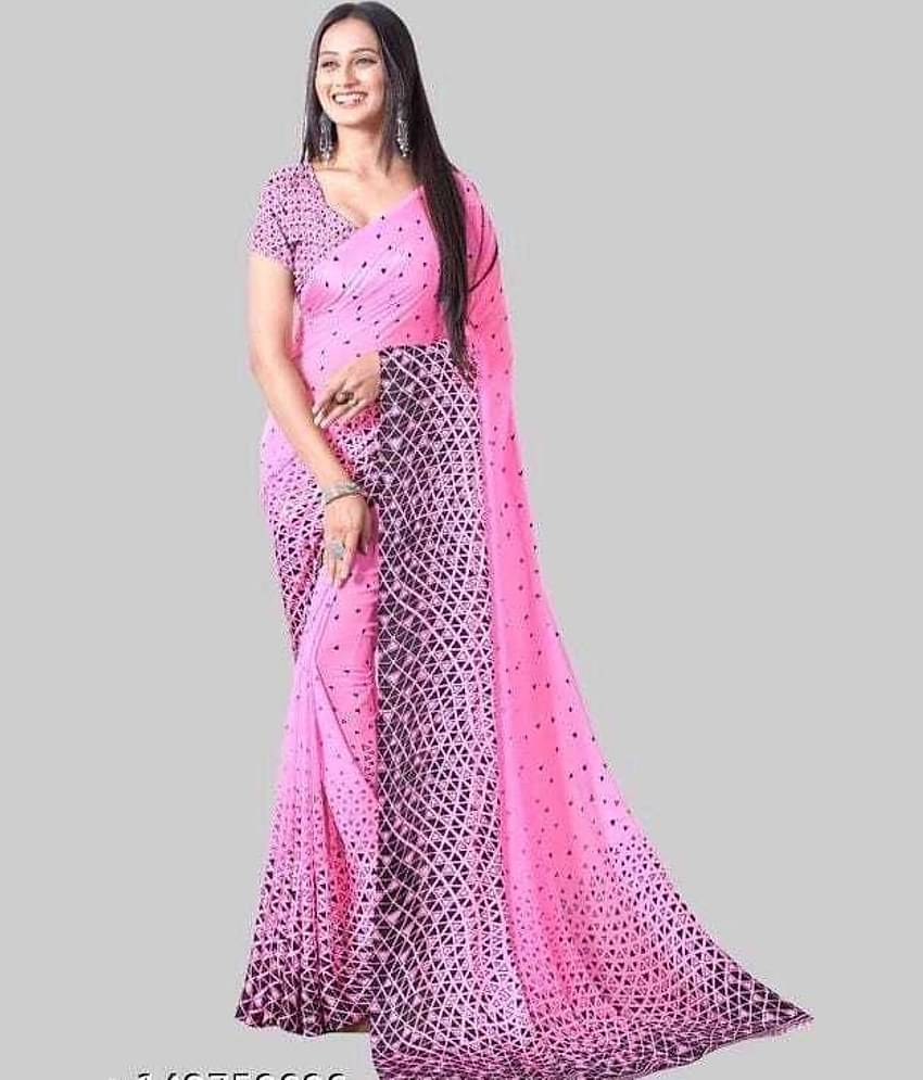 JIHANA FAB Georgette Printed Saree With Unstitched Blouse Piece ( Pink )