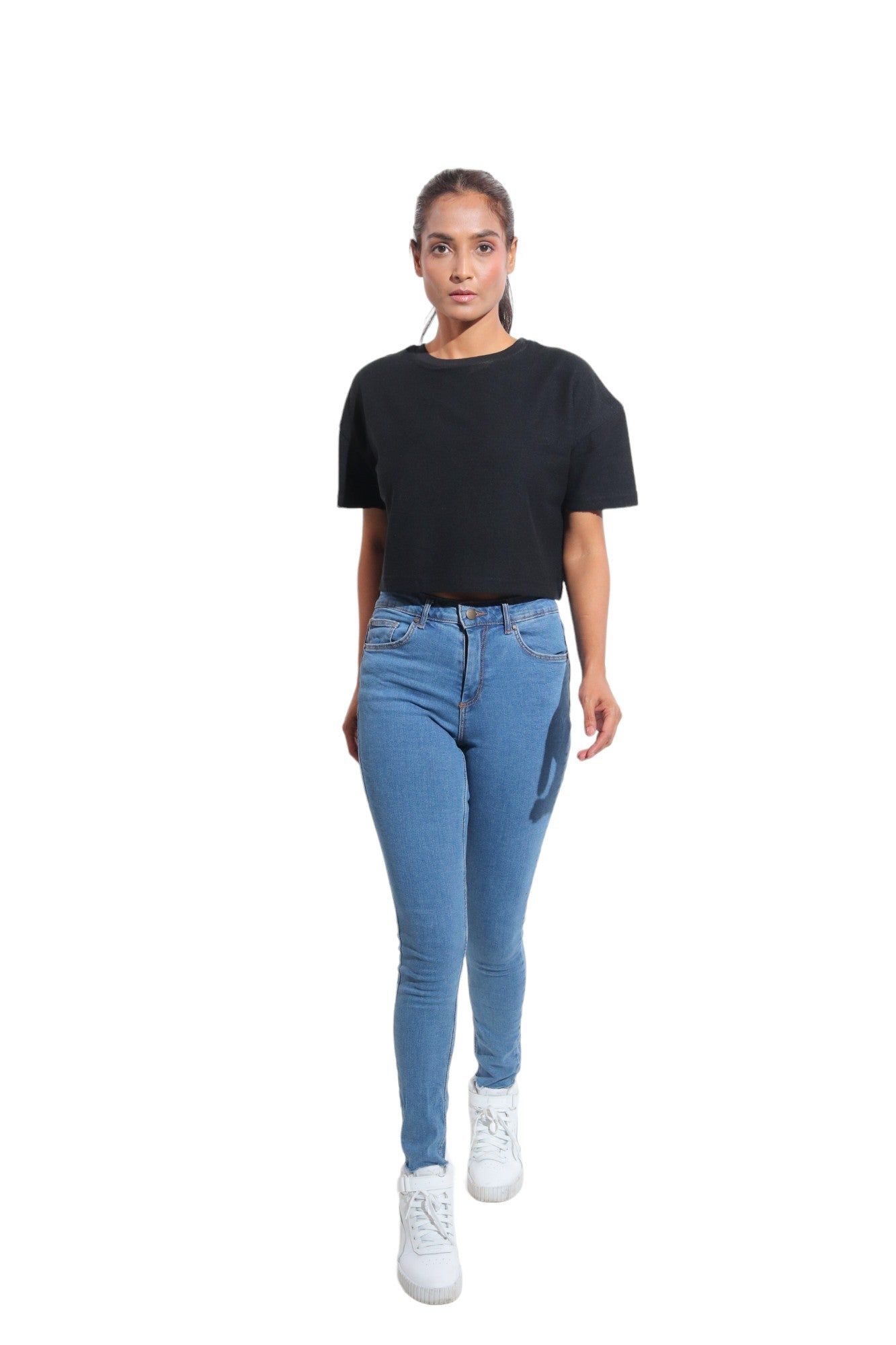 Kinnko Premium Loopnet Womens Black Solid Crop T-Shirt Plain