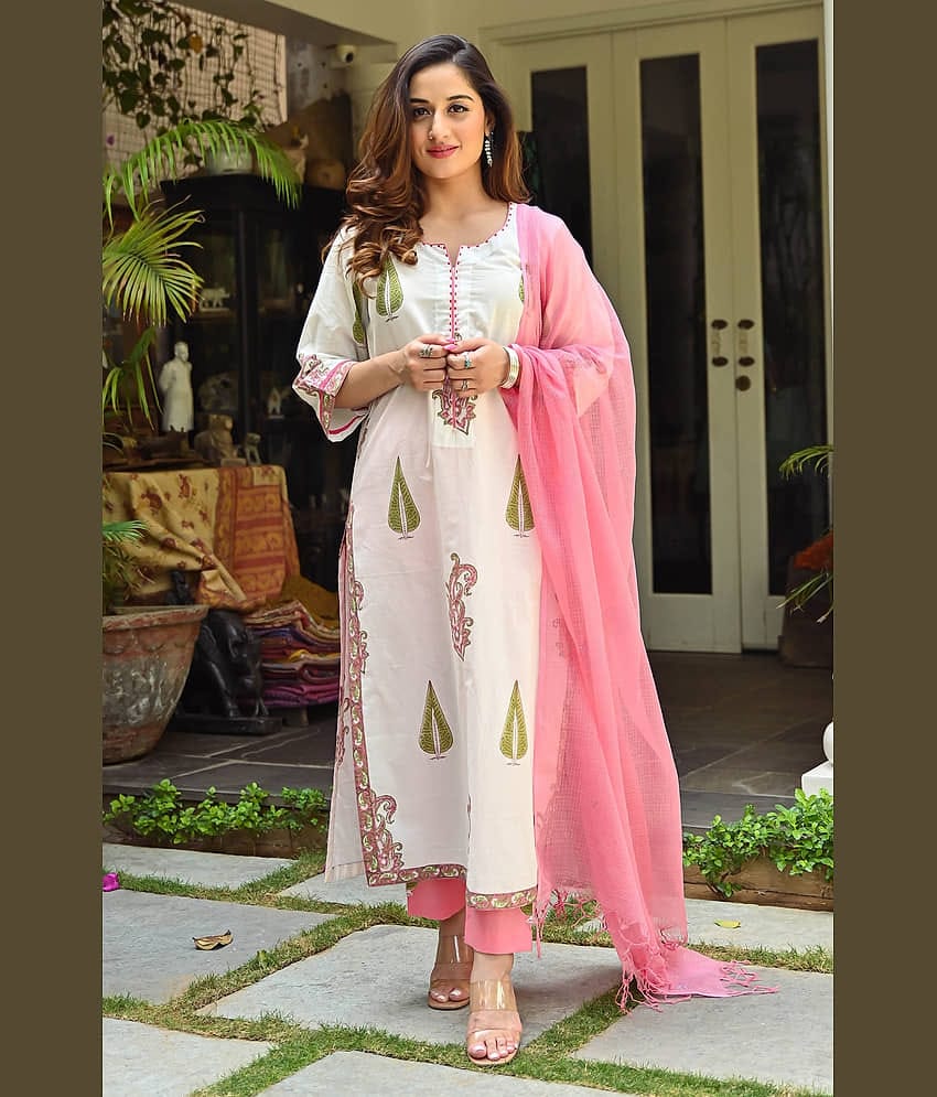 Royal Export Pack of 1 Cotton Blend Printed Straight Women's Kurti with Dupatta - ( White )