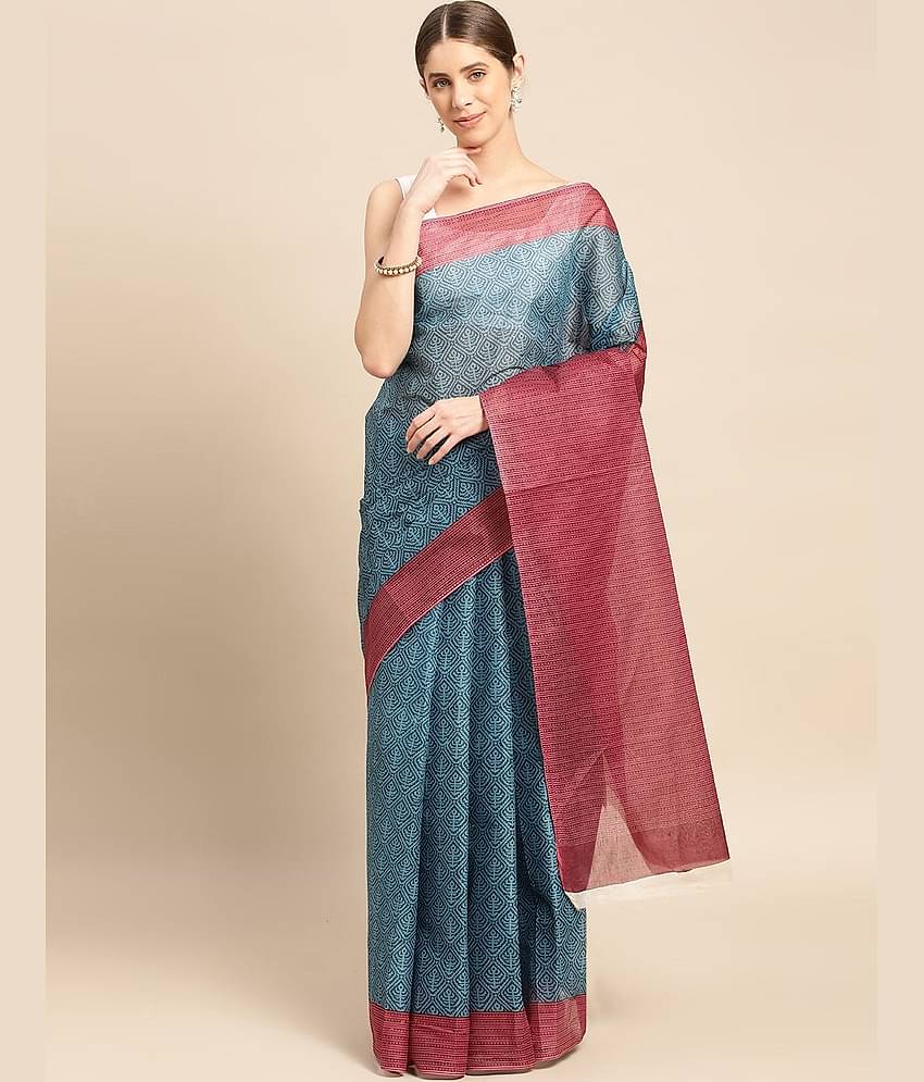 SHANVIKA Cotton Printed Saree Without Blouse Piece ( Blue )
