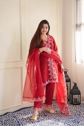 Sukh Red Schiffli Suit Set-XXL