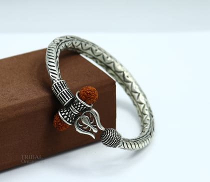 925 Sterling silver handmade chitai work Lord Shiva trident trishul kada bangle bracelet with natural Rudraksha customized kada nsk420