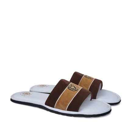 Slide-in Slippers in Brown & Beige Suede Strap White Leather-44/10