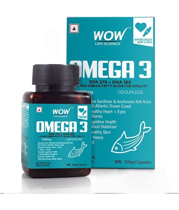 WOW Life Science Omega-3 1500mg Capsules with Fish oil - EPA 270 + DHA 180 Enriched - 60 Capsule