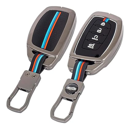 Premium Metal Soft Car Key Cover Shell with Keychain & Full Protection Compatible with Hy-ndai Creeta, I-20, Venuie, Elanttra, and Tuccson 4 Button (Smart Car Key)