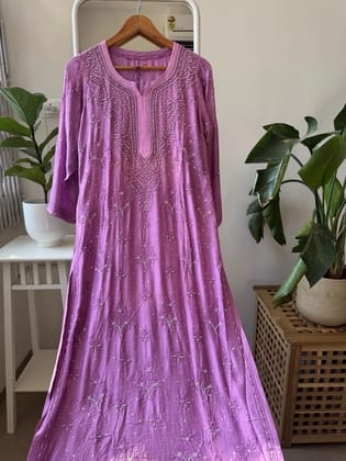 Muslin Chikankari Kurti with Pearl  Work - Purple-Purple / Viscose / M