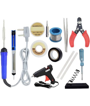 ALDECO: ( 14 in 1 ) SOLDERING IRON 25 Watt Professional Kit - Blue Iron, Wire, Flux, Wick, Stand, Cutter, Tester, Tweezer, Bit, Tape, Desoldering Pump, Glue Gun, 2 Glue Stick