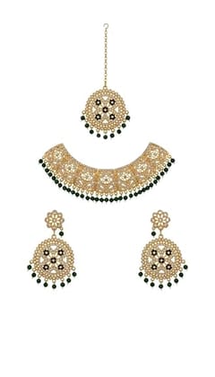 Traditional Indian Bridal Jewellery Set, Gold Tone with Green Beads, Necklace Earrings Maang Tikka, Kundan Work
