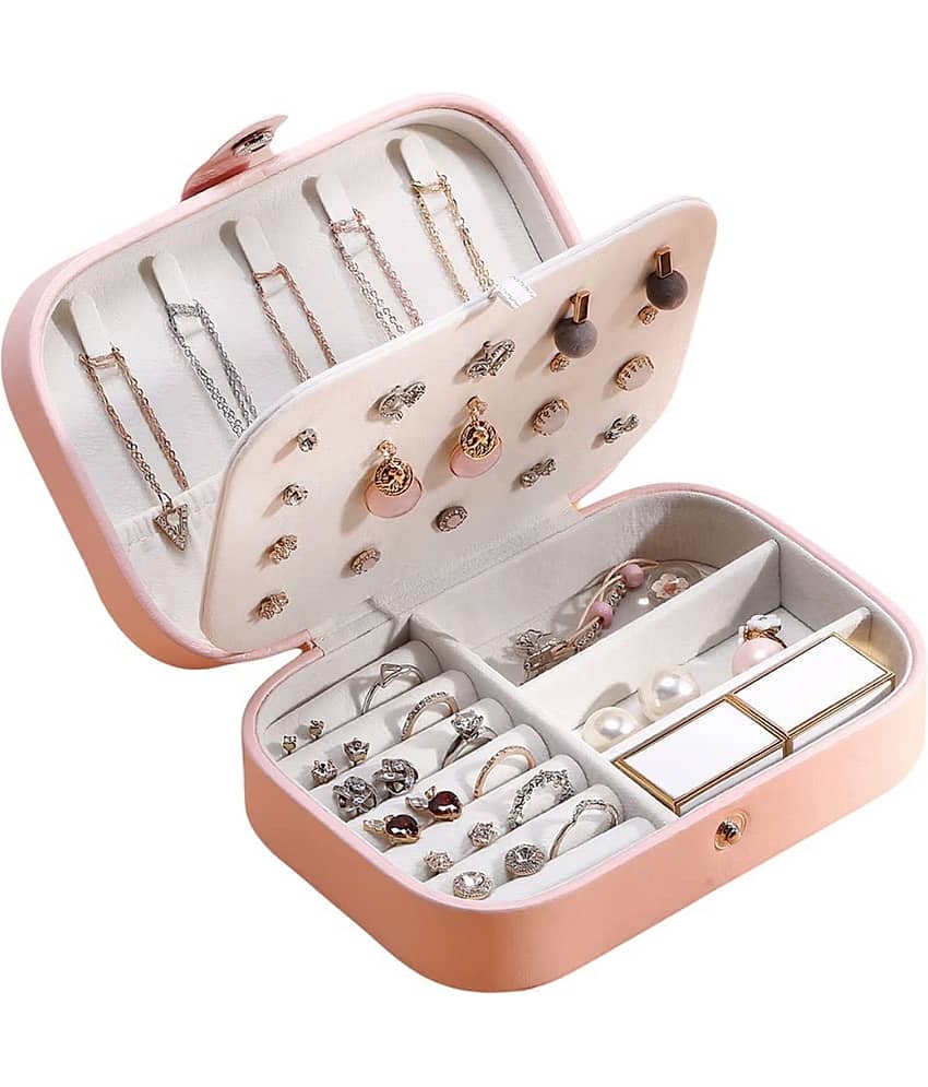 Jewellery Organiser PU Leather Zipper Portable Storage Box Case with Dividers Container for Rings, Earrings, Necklace Home Organizer, Pink