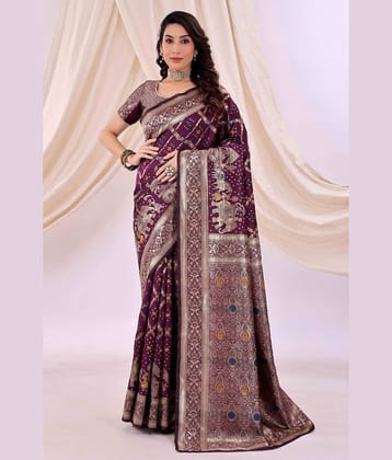 Samai Silk Woven Banarasi saree With Unstitched Blouse Piece ( Wine )