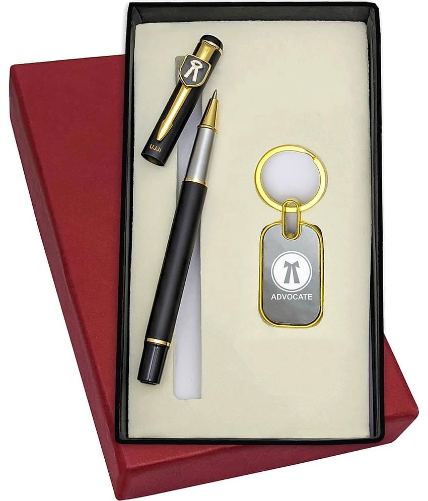 UJJi Advocate Logo 2in1 Set in Golden Part with Long Metal Refill Pen with Keychain