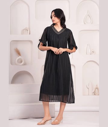 JAI SHIVAM TRADERS Georgette Striped Calf-Length Women's Fit & Flare Dress - Black ( Pack of 1 )
