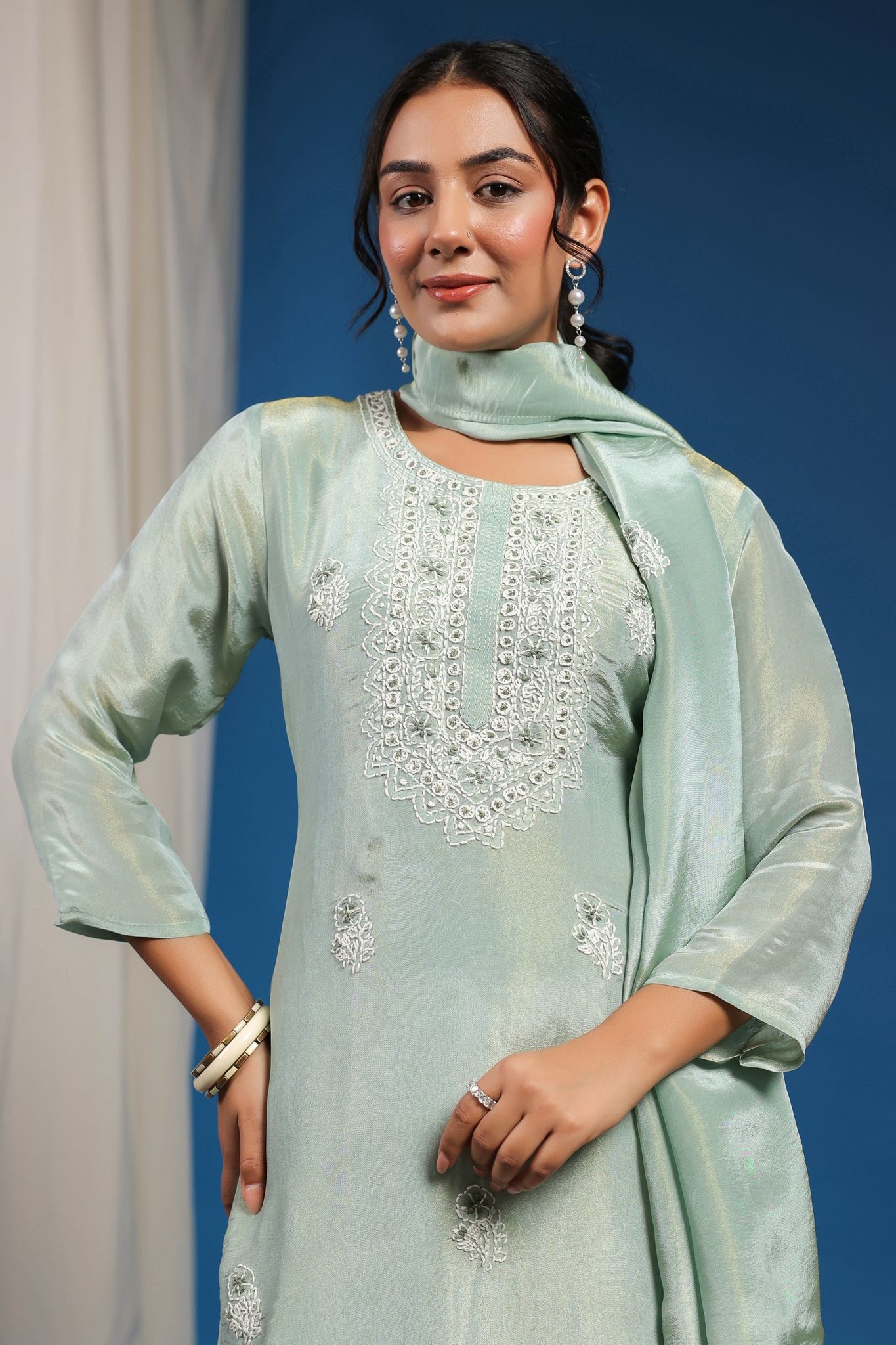 Falsafa Zehra Mint Green Kurta Pant and Dupatta Set-S / Green / Green